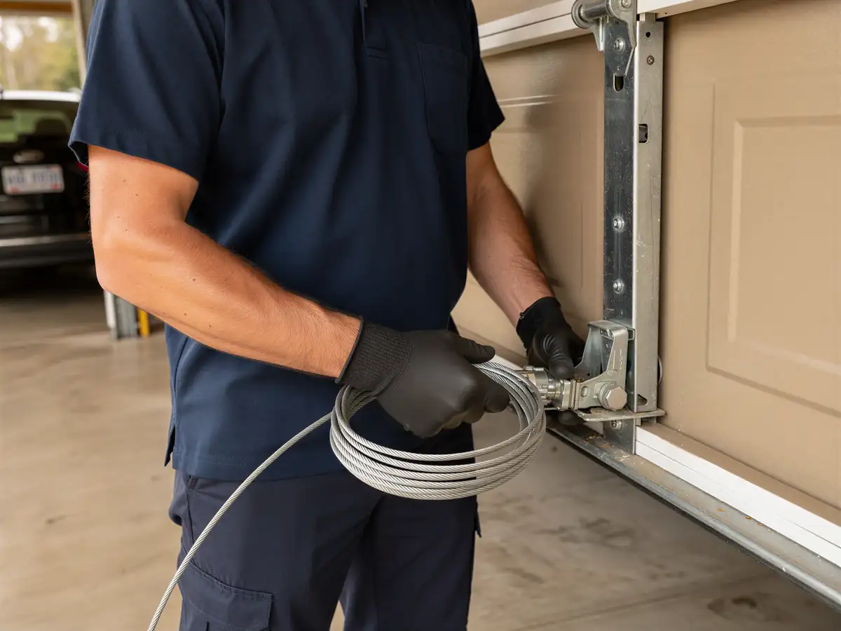 A technician in black gloves holds a coiled cable near a garage door.