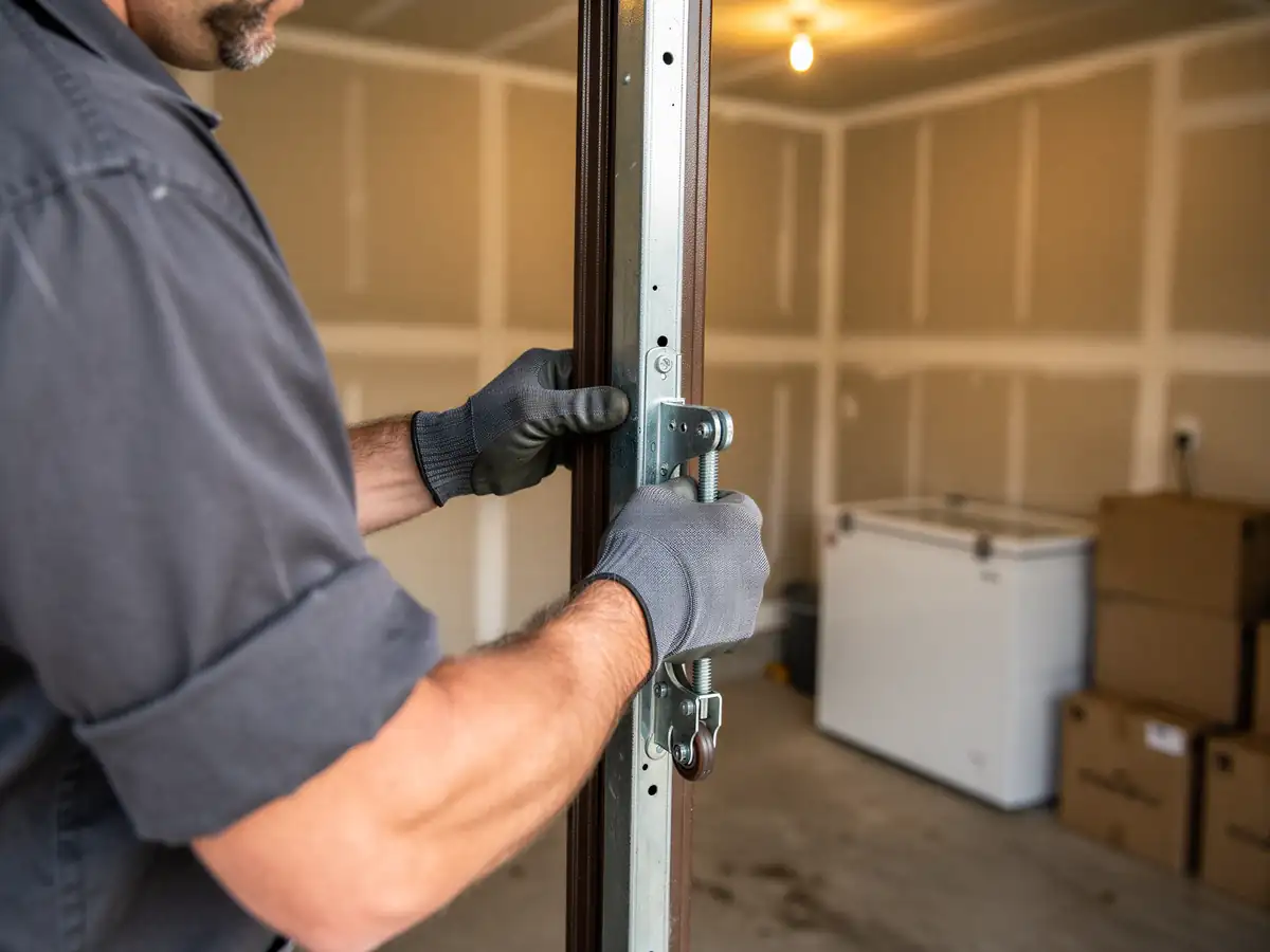 A technician wearing gloves adjusts a garage door roller and track.