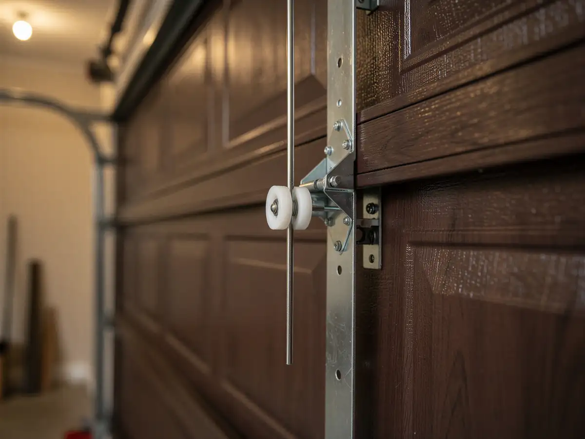 The brown garage door is open, showing a roller and track.